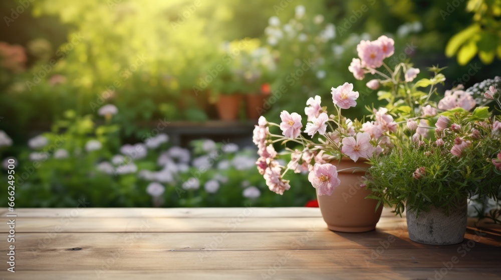 A wooden table with a touch of quaintness, gracefully merging with the gentle blur of a charming cottage garden, offering a serene blend with the softly blurred backdrop.