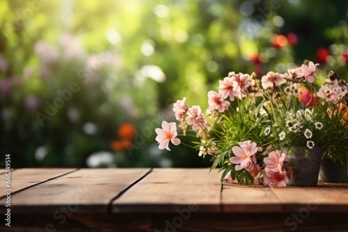 A quaint wooden table setting the stage for a charming cottage garden, resulting in a peaceful and inviting atmosphere.