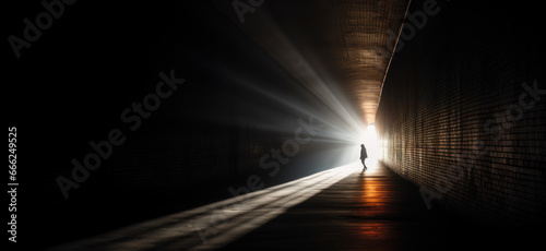 A person standing in a tunnel with sunlight streaming through the exit, Light Piercing Darkness Description, copy space