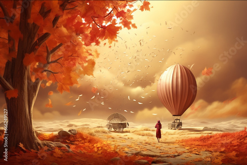 Autumn landscape with lake and wooden swing, 3d render illustration