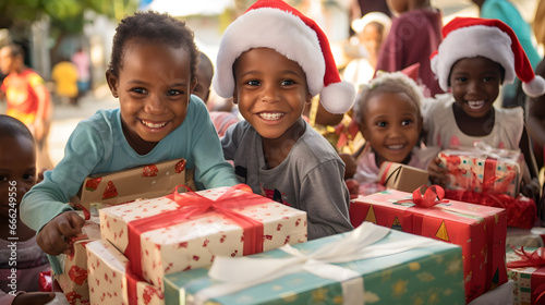 Kids from the orphanage or from low-income families in poor countries enjoy gifts for christmas. Smiling happy children with presents photo