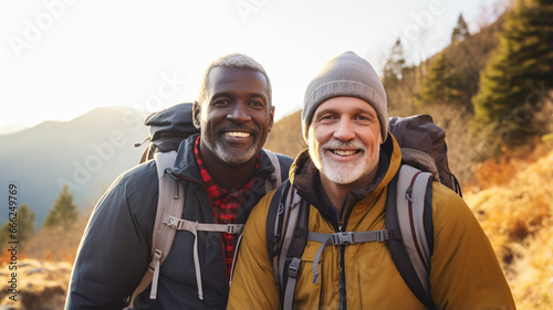 smiling senior men hiking with backpack