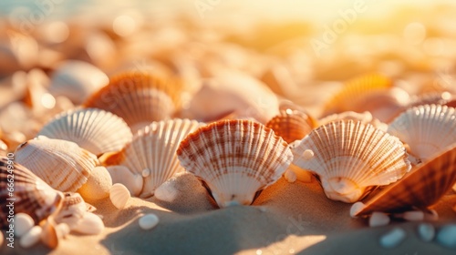 "Seashell Close-up: An intimate shot capturing the seashells scattered on the grainy beach."