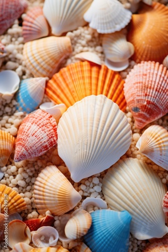 "Seashell Close-up: An intimate shot capturing the seashells scattered on the grainy beach."