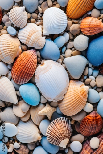 "Close-up Sand and Shells: A detailed image of seashells set against the textured, sandy shoreline."