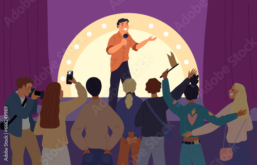 Audience support performance of favorite comedian. Stand up show. Club stage. Happy people back view. Humorous monologue. Public at comedy concert. Man performs joke. Garish vector concept