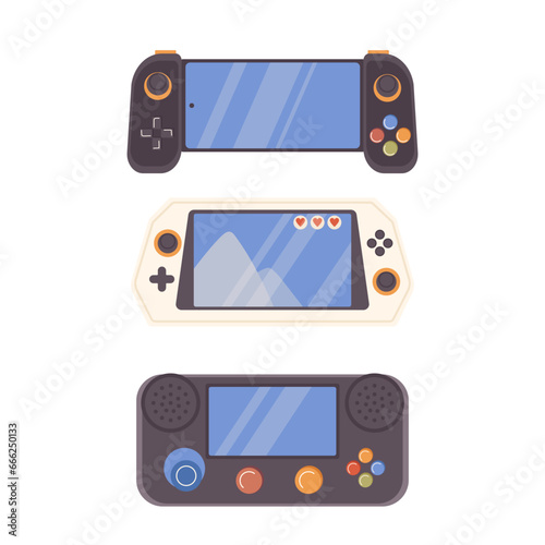 Electronic toy digital gamepad console, joypad game accessories isolated set on white background