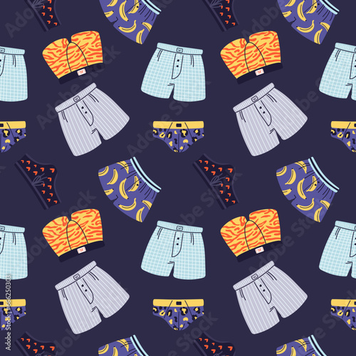 Cartoon men underwear seamless pattern. Boys undergarment. Male trunks and shorts with funny prints. Cotton underclothes. Briefs and slips. Casual underpants. Garish vector background