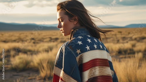 Fictitious patriotic caucasian female model wears an American flag jacket for advertising AI generative photo