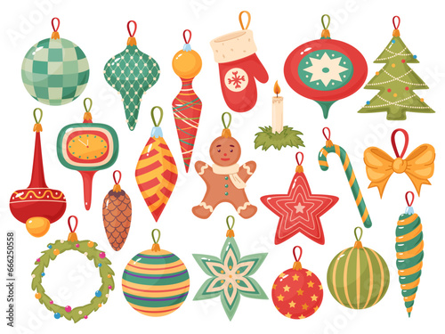 Cartoon Xmas tree toys. New Year decorations with ornaments. Different shapes of Christmas balls. Colorful glass icicles and stars. Winter holiday. Conifer wreath. Recent vector set