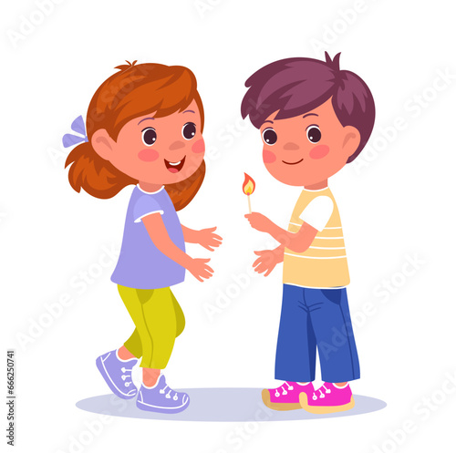 Cute boy and girl holding matches with fire. Children playing with matchstick. Burning flame. Combustion safety. Naughty kids. Dangerous pyromania game. Bonfire danger. Vector concept