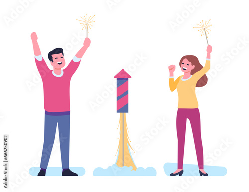 Joyful man and woman celebrate holiday and set off fireworks. Couple with Bengal lights. People launch pyrotechnic firecracker. Birthday celebration. Anniversary event. Vector concept