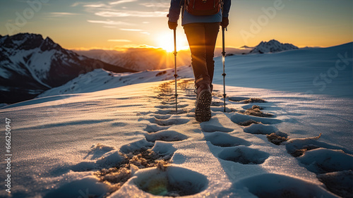 Hiker walking on snow in the mountains at sunset. Hiking concept © Alex