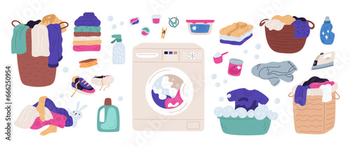 Laundry clothes. Dirty and clean clothing piles. Washing machine. Household chores. Jeans and sweaters stacks. Baskets with garments. Hand wash pelvis. Detergent bottle. Garish vector set