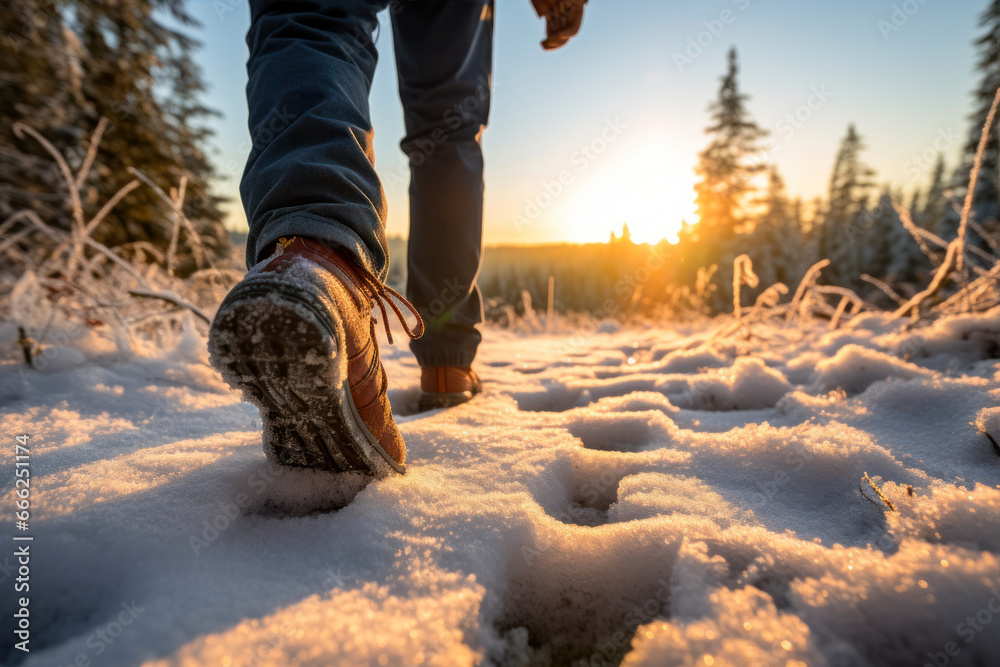 Hiking boots on the trail in winter forest. Hiking concept. - obrazy, fototapety, plakaty 