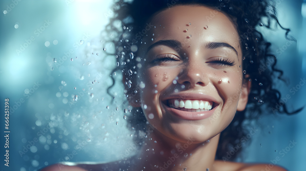 Portrait of beautiful Model Woman with splashes and drops of water. Beautiful Smiling girl under splash of water with fresh skin over nature background. Skin care, Cleansing and moisturizing concept. Portrait of beautiful Model Woman with splashes and drops of water. Beautiful Smiling girl under splash of water with fresh skin over nature background. Skin care, Cleansing and moisturizing concept.