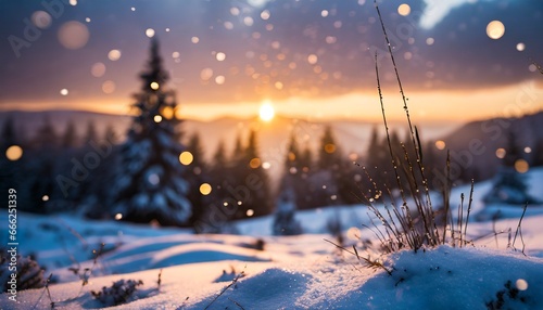 Paysage naturel enneigé, par un beau coucher de soleil doré - Neige sur des arbres, éléments végétaux - Effets de lumières et ambiance poétique naturelle  photo