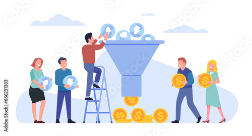 Sales funnel. Process of communicating and attracting new customers. Followers management. Generating revenue. Clients conversion to coins. Marketing vortex metaphor. Vector concept
