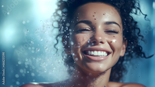 Portrait of beautiful Model Woman with splashes and drops of water. Beautiful Smiling girl under splash of water with fresh skin over nature background. Skin care, Cleansing and moisturizing concept.