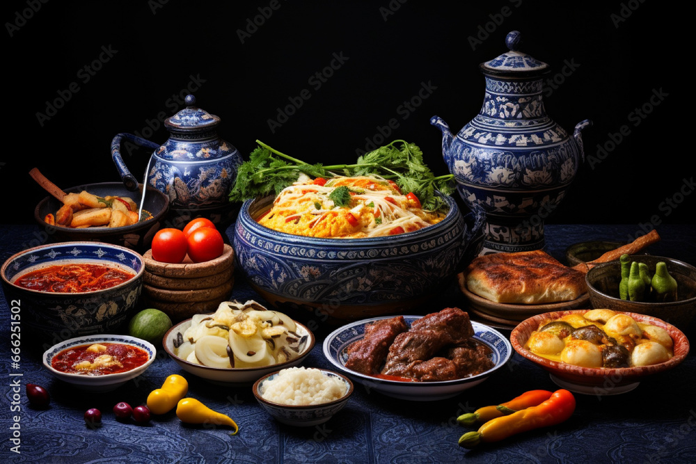 Traditional oriental dishes with meat vegetables and spices on the table