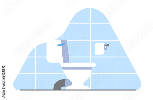 Toilet with roll of hygiene paper. Bathroom interior. Tile wall. Home sanitary room. White ceramic seat. Apartment lavatory or public WC. Empty restroom. Plumbing equipment. Vector concept