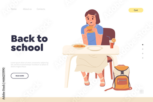 Back to school concept for landing page template with happy schoolgirl character eating at canteen