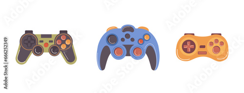 Different PC video game playing console, gamepads and joysticks isolated on white background