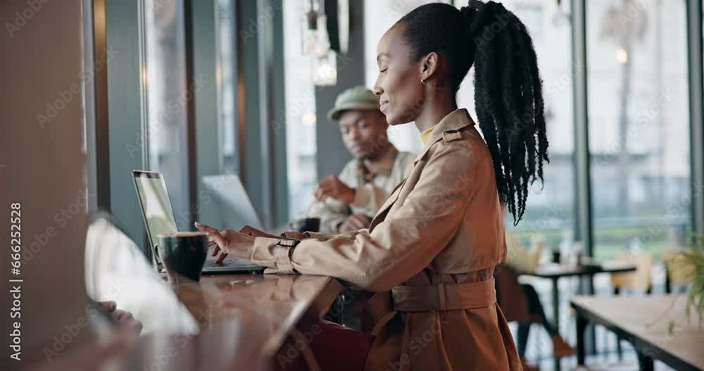 Laptop, small business and black people working in a coffee shop for startup business as an entrepreneur. Computer, freelance and remote work with a creative young designer in a cafe or restaurant