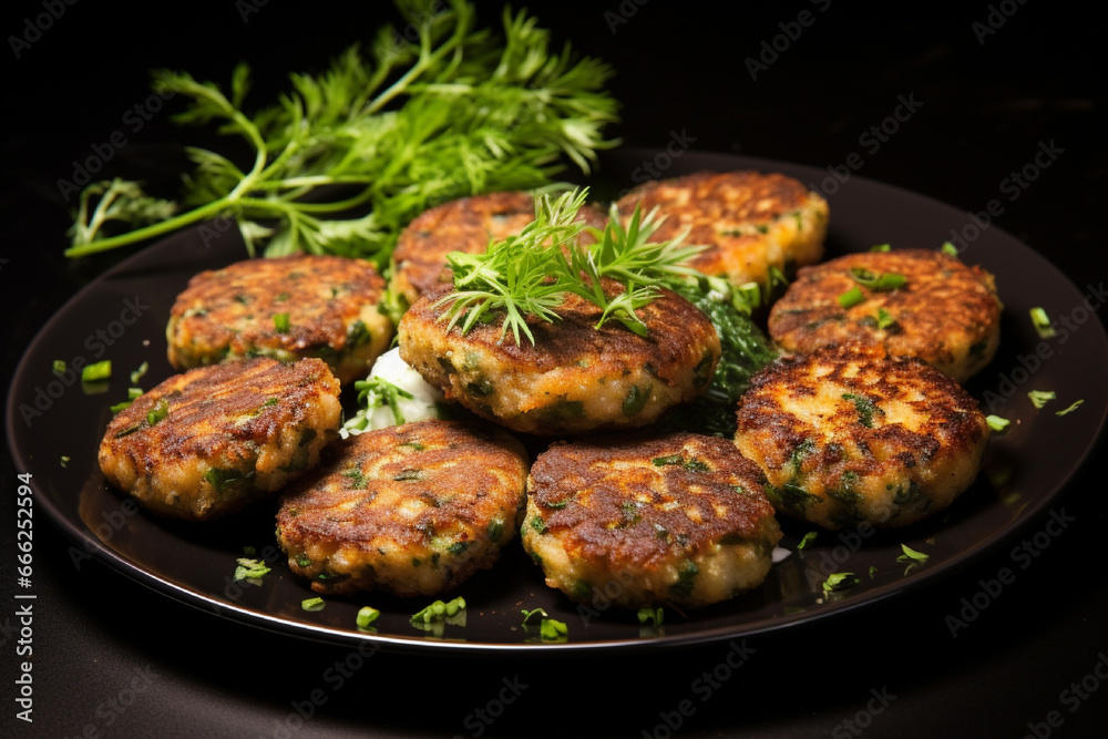 Potato cutlets with dill on a black plate on a wooden table