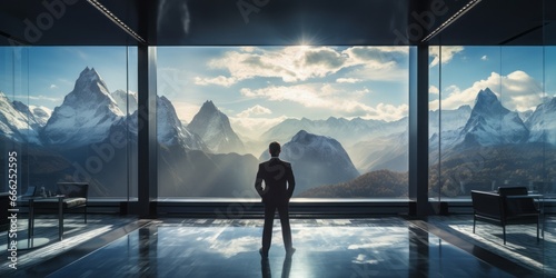 Business and Beyond: The Back of a Businessman in a Spacious Conference Room, Overlooking a Spectacular Mountain View, Symbolizing the Intersection of Corporate Endeavors photo