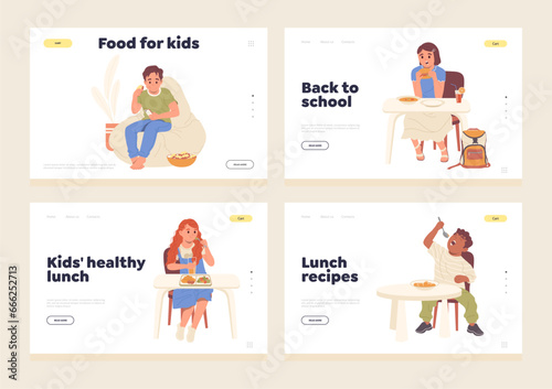 Food for kids, school canteen menu, healthy lunch for children and meal recipes landing page set