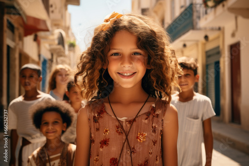 Middle Eastern children portrait, smiling cute Palestinian girl portrait on sunny city street. Young Arab or Israeli kids looking at camera. Concept of people, muslim, youth photo