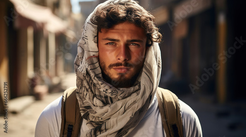 Portrait of Arab man wearing scarf, face of Palestinian person outdoor. Middle Eastern guy looking at camera. Concept of character, people, muslim photo