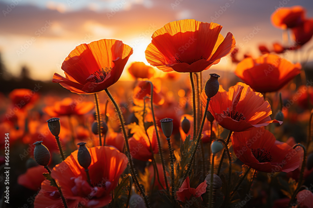 A poppy field in bloom, a poignant symbol of remembrance for fallen soldiers. Concept of remembrance and sacrifice. Generative Ai. - obrazy, fototapety, plakaty 