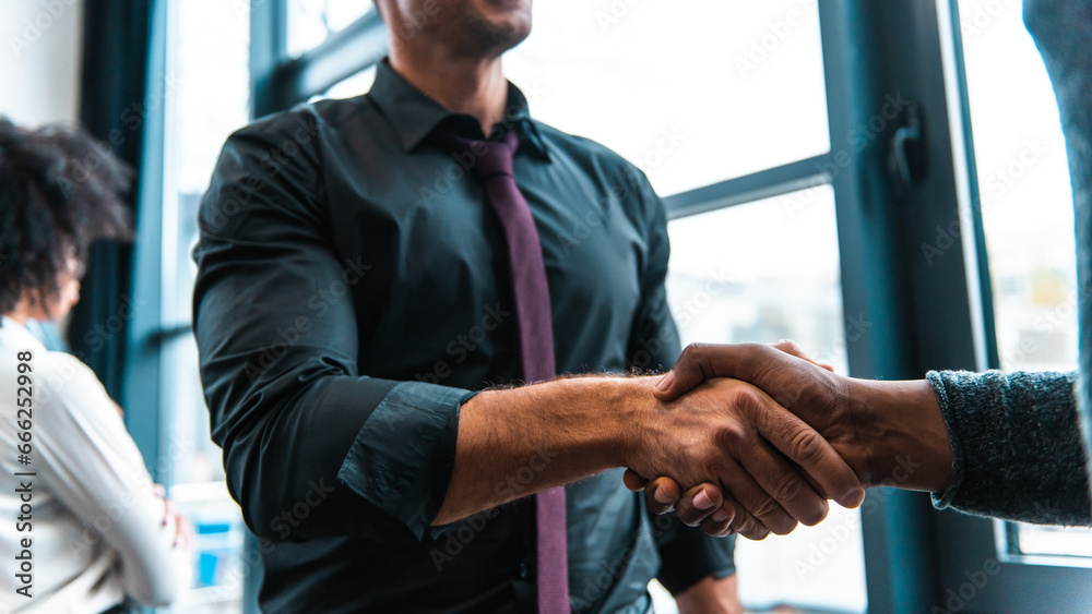 Handshaking of business people in office as concept of teamwork and partnership Handshaking of business people in office as concept of teamwork and partnership