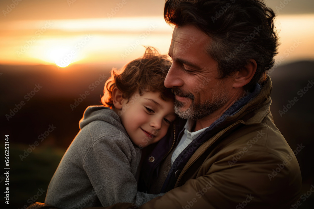 Fototapeta premium A man hugs a child at sunset
