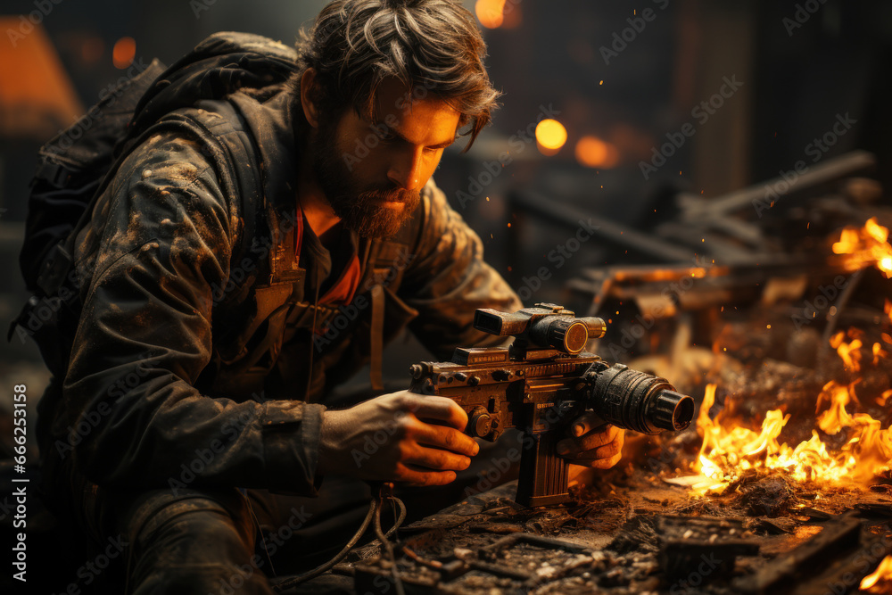 A war photographer capturing moments of bravery and heartache. Concept of documenting the war experience. Generative Ai. - obrazy, fototapety, plakaty 