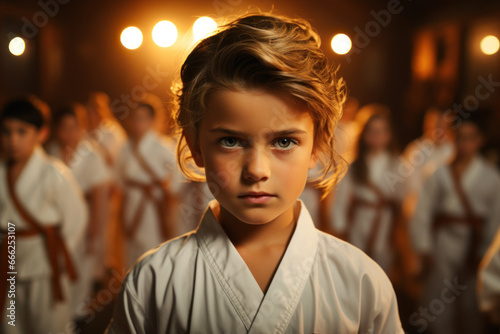 Children decked out in karate uniforms, executing precise moves in martial arts class. Concept of discipline in martial arts. Generative Ai. photo