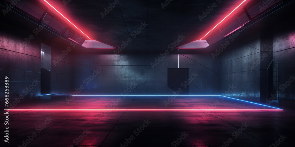 Modern neon room background, interior of dark hall with led red and blue light. Empty futuristic showroom or stage. Concept of studio, game, show, building, industry, future - obrazy, fototapety, plakaty 
