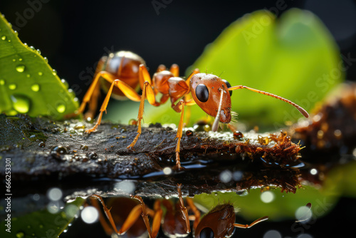 An industrious ant carrying a leaf many times its size back to the colony, highlighting teamwork among ants. Generative Ai. © Sebastian