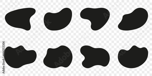 Irregular Shape On Transparent Background. Fluid Amorphous Blobs. Organic Blob, Random Black Blotch Set. Liquid Round Silhouette Form. Asymmetric Bubbles Collection. Isolated Vector Illustration