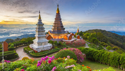 Landscape of two pagoda (noppha methanidon-noppha phon phum siri stupa) in an Inthanon mountain, chiang mai, Thailand © Arber
