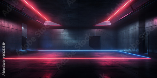 Modern neon room background, interior of dark hall with led red and blue light. Empty futuristic showroom or stage. Concept of studio, game, show, building, industry, future