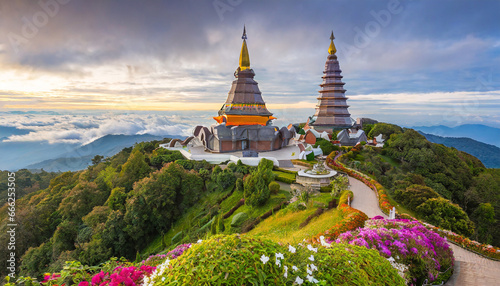Landscape of two pagoda (noppha methanidon-noppha phon phum siri stupa) in an Inthanon mountain, chiang mai, Thailand photo