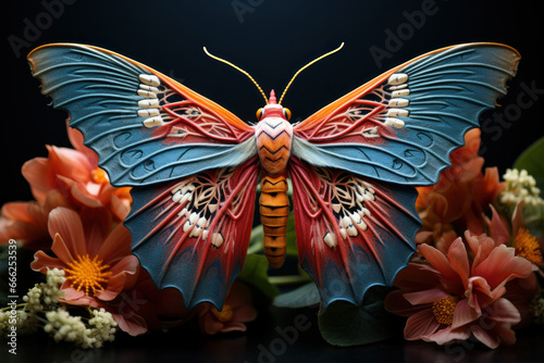 A vividly colored moth resting on a night-blooming flower, its wings resembling a piece of art. Generative Ai.