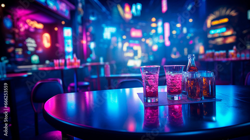 vasos de bebidas con alcohol sobre una mesa en un club nocturno, con luces de neon en el fondo photo