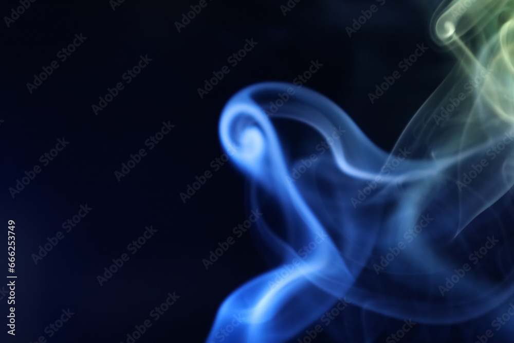 Yellow and blue smoke on a dark background, colourful abstract, one line, minimalistic art	