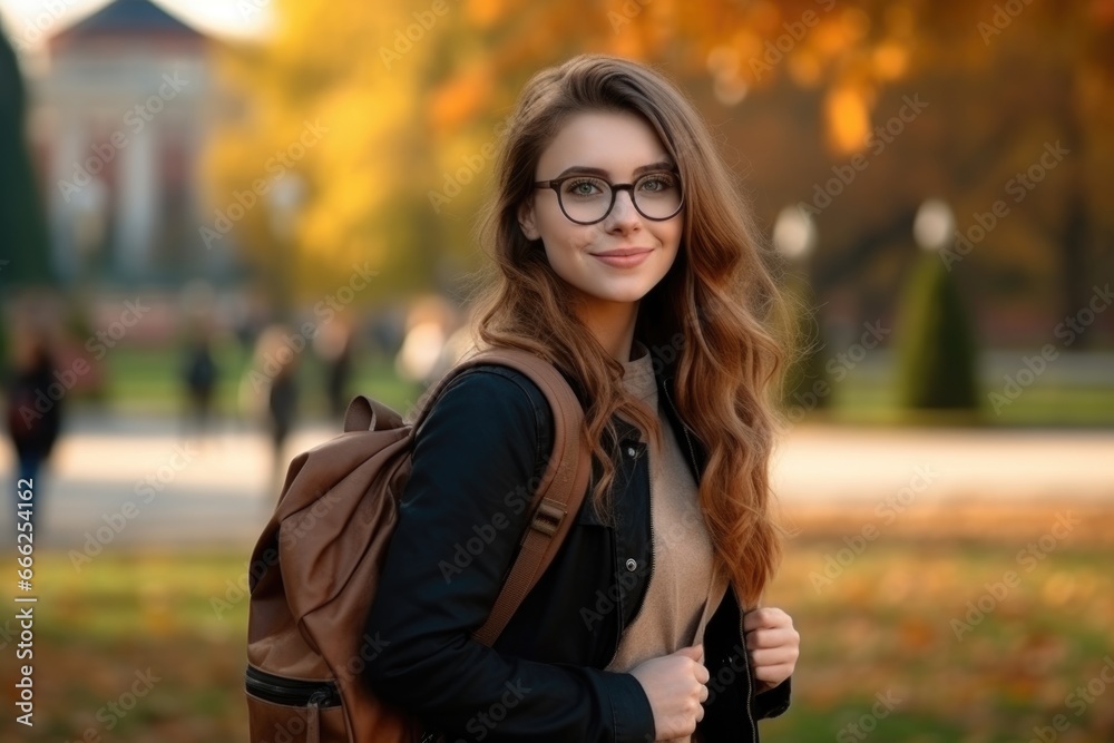 A student girl with a backpack and glasses in the park in autumn - obrazy, fototapety, plakaty 
