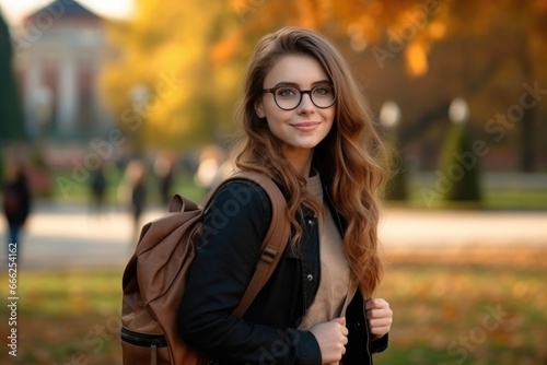 A student girl with a backpack and glasses in the park in autumn © Julia Jones