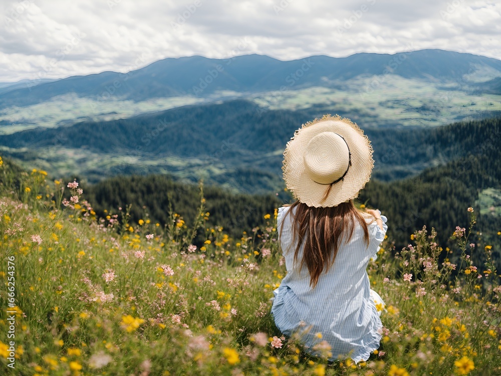 Woman tourist with cap relaxing in flowers admiring view